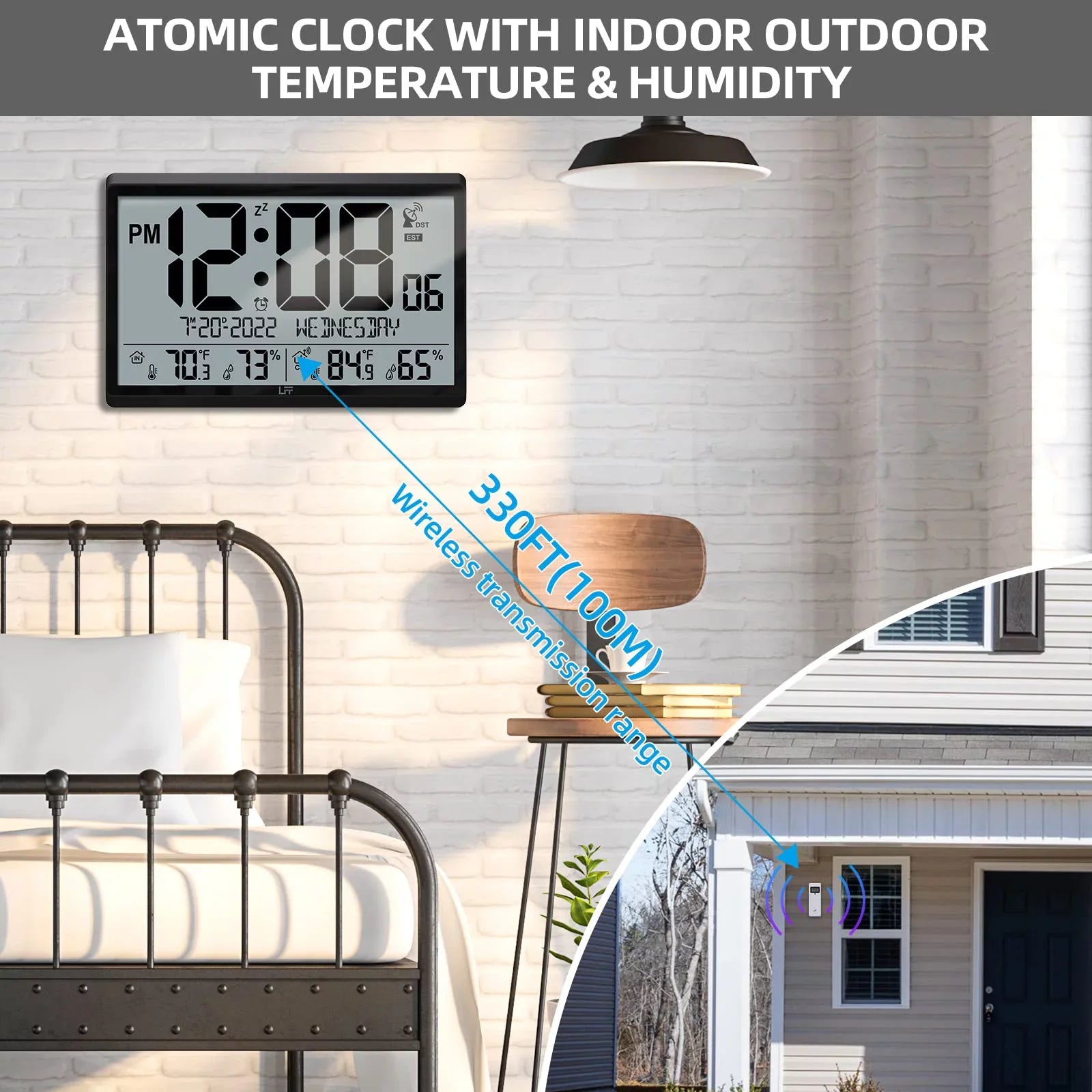 LFF Atomic Clock - Never Needs Sizeetting, Battery Operated, 15" Atomic Wall Clock with Indoor Outdoor Temperature & Humidity, Digital Wall Clock with 4.5" Numbers Easy-to-Read, Black