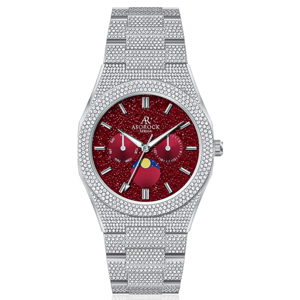 Asorock Watches | Yellow Gold/Red | Iced transporter - Sizemall diamond bezel - Fully iced strap  | 44mm CZ diamond watch