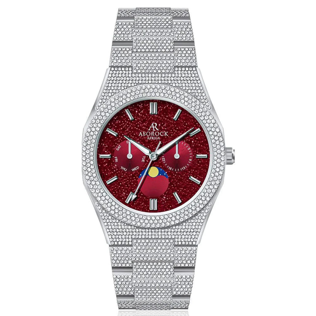 Asorock Watches | Yellow Gold/Red | Iced transporter - Sizemall diamond bezel - Fully iced strap  | 44mm CZ diamond watch