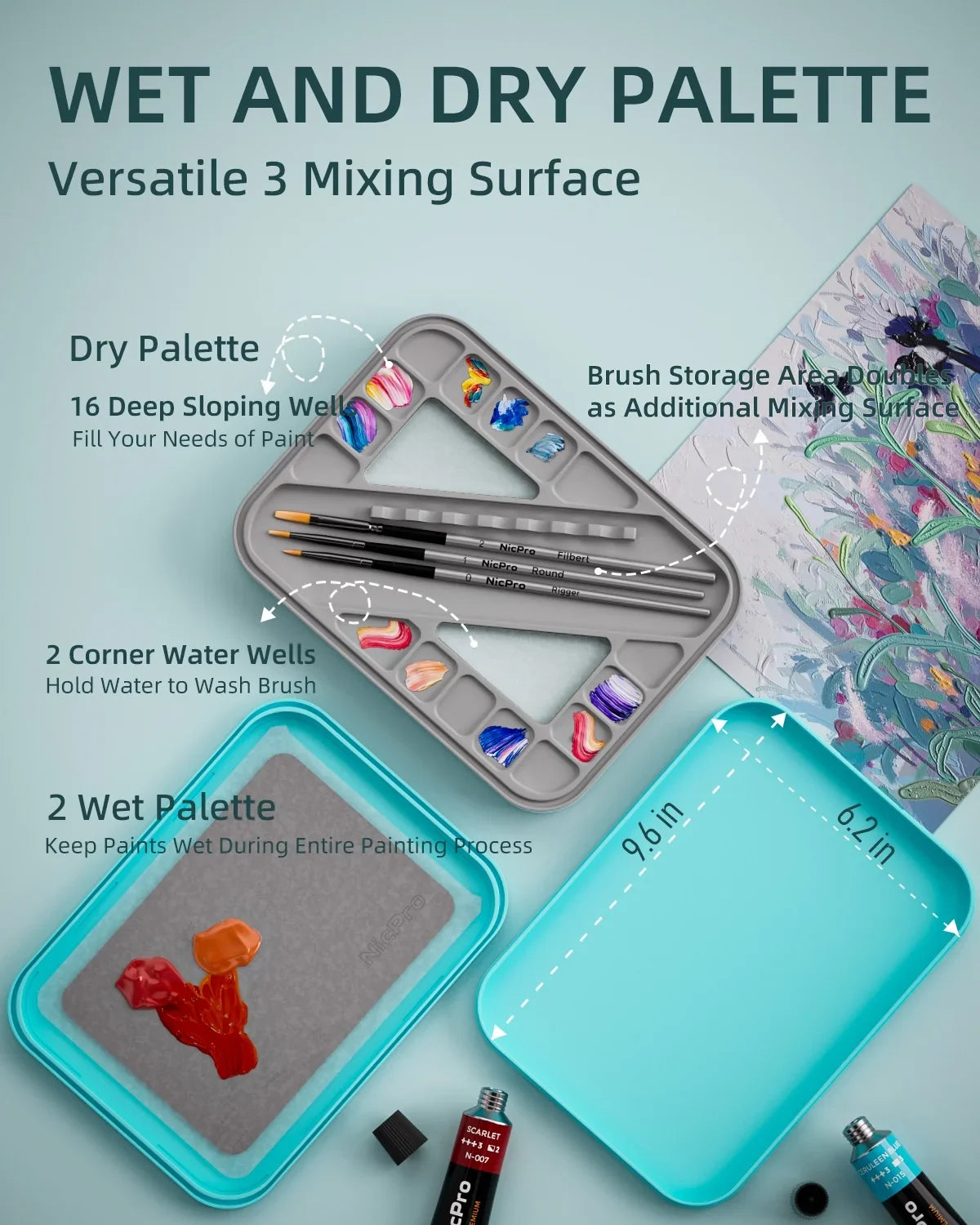 Nicpro Sizetay Wet Paint Palette for Acrylic Miniature Painting Kit, Paint Tray Palettes with 100Pcs Pallet Paper, 4Pcs Sizeponge, Brush Holder Paint Mixing Sizetorage