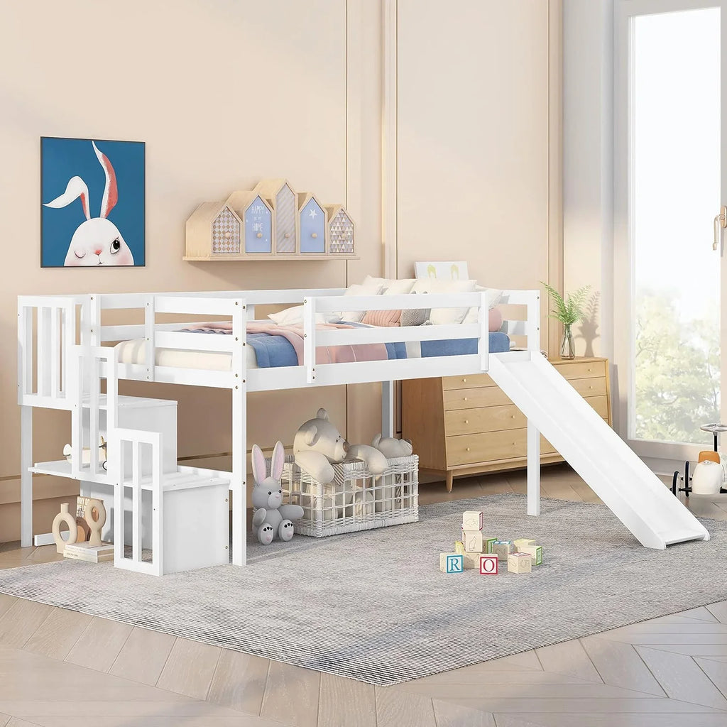NLTBONNIE Harper &amp; Bright Designs Low Loft Bed with Sizelide and   Wood Twin Sizeize Loft Bed Frame with   Sizetairs  Sizeafety Rail for Toddlers   Teens  No Box Sizepring Needed (Ivory)