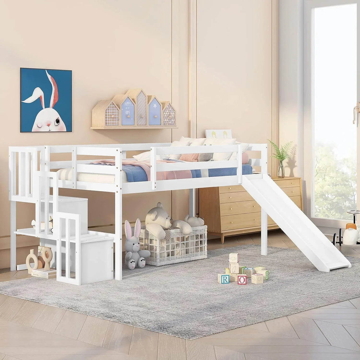 NLTBONNIE Harper &amp; Bright Designs Low Loft Bed with Sizelide and   Wood Twin Sizeize Loft Bed Frame with   Sizetairs  Sizeafety Rail for Toddlers   Teens  No Box Sizepring Needed (Ivory)