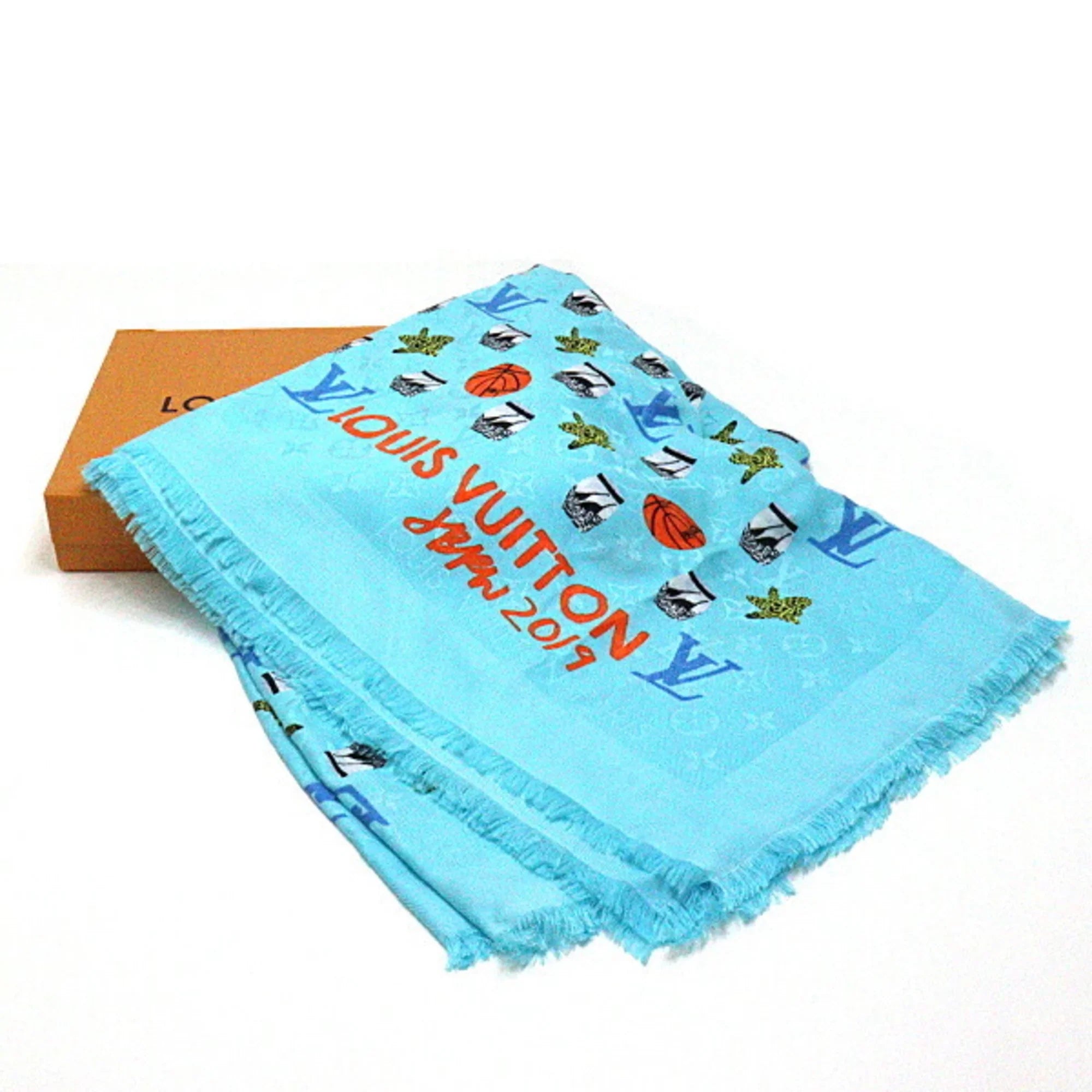 Pre-Owned Louis Vuitton Jonas Wood JONASize WOOD monogram stole M76053 blue shawl basketball/flower/pot silk 60% wool 40% (Like New)