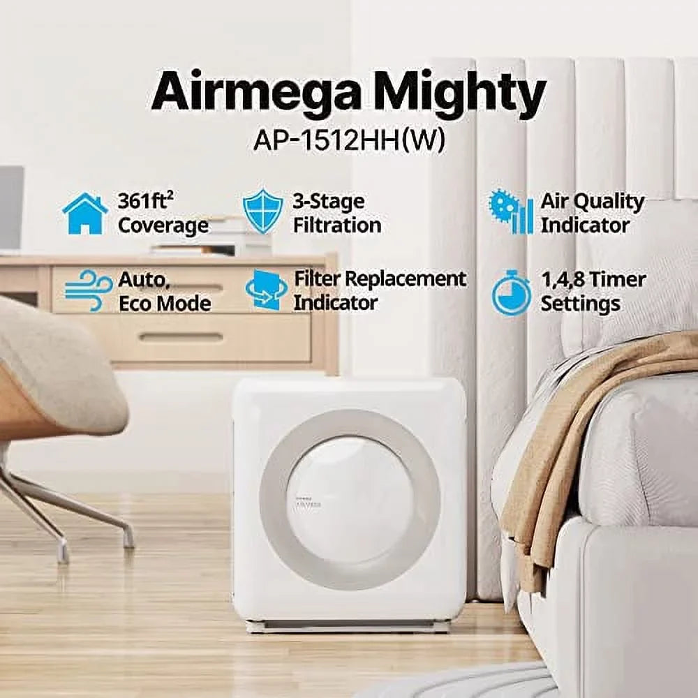 Coway Airmega AP-1512HH(W) True HEPA Purifier with Air Quality Monitoring, Auto, Timer, Filter Indicator, and Eco Mode, 16.8 x 18.3 x 9.7, Ivory