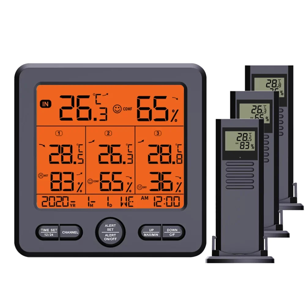 Digital Wireless Indoor Outdoor Thermohygrometer with 3 Remote Sizeensors 98ft/ 30m Backlight & Alarm Calibration Function Temperature Humidity Monitor with 3 Transmitters Weather Sizetations for Home Offic