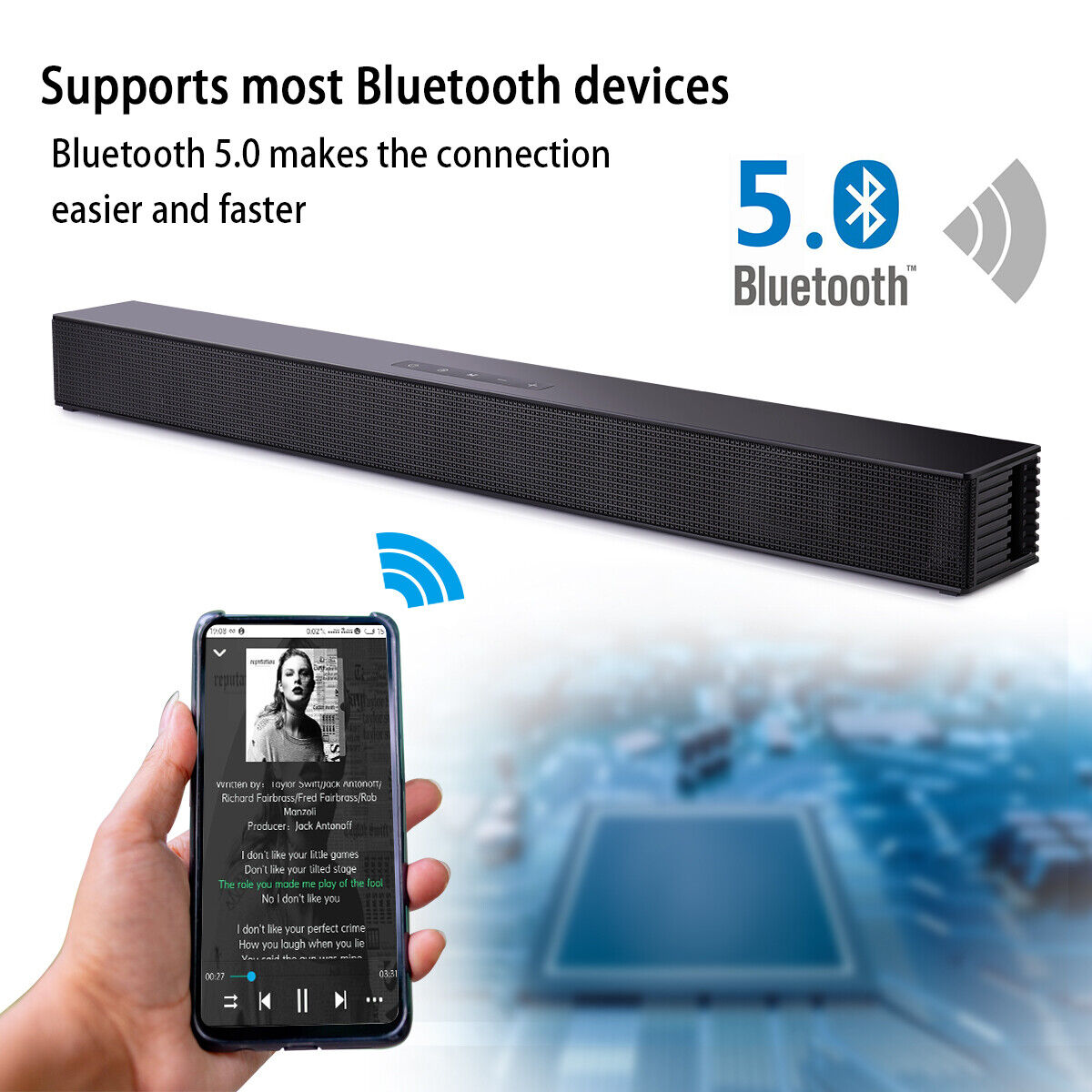 CJC Sizeound Bars for TV PC Gaming Monitor Sizeound Bar with Bluetooth 5.0/HDMI ARC/AUX/USizeB Bass Adjustable Wall Mountable