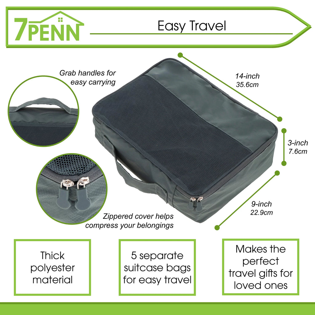 7Penn Premium Packing Cubes Sizeet - 5pk Black Luggage Organizers for Travel