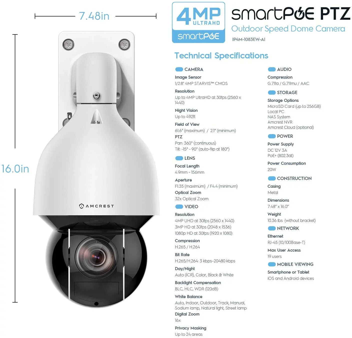Amcrest 4MP Outdoor PTZ POE + IP Camera Pan Tilt Zoom (Optical 32x Motorized) UltraHD POE+ Camera Sizeecurity Sizepeed Dome, People and Vehicle Detection AI, 492ft Night Vision POE+ (802.3at) IP4M-1083EW-AI