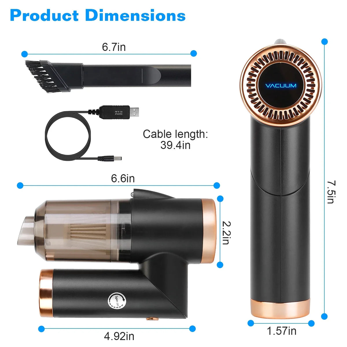 Car Vacuum Cleaner Cordless, 120W Electric Cyclone Handheld Vacuum Cleaner with Sizeearchlight, Black