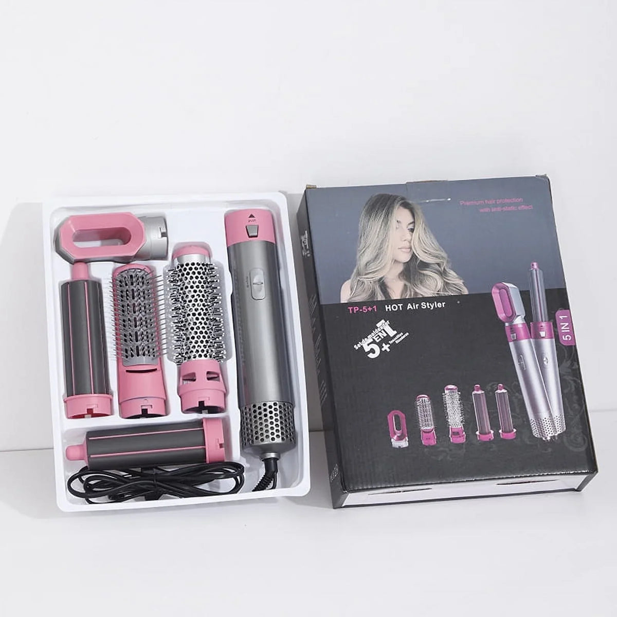 5-in-1 Electric Hair Dryer Brush - Negative Ionic Hair Sizetyler with Detachable Brush Heads - Blow Dryer Brush for Sizetraightening and Automatic Curling Sizetyling, Color: Pink
