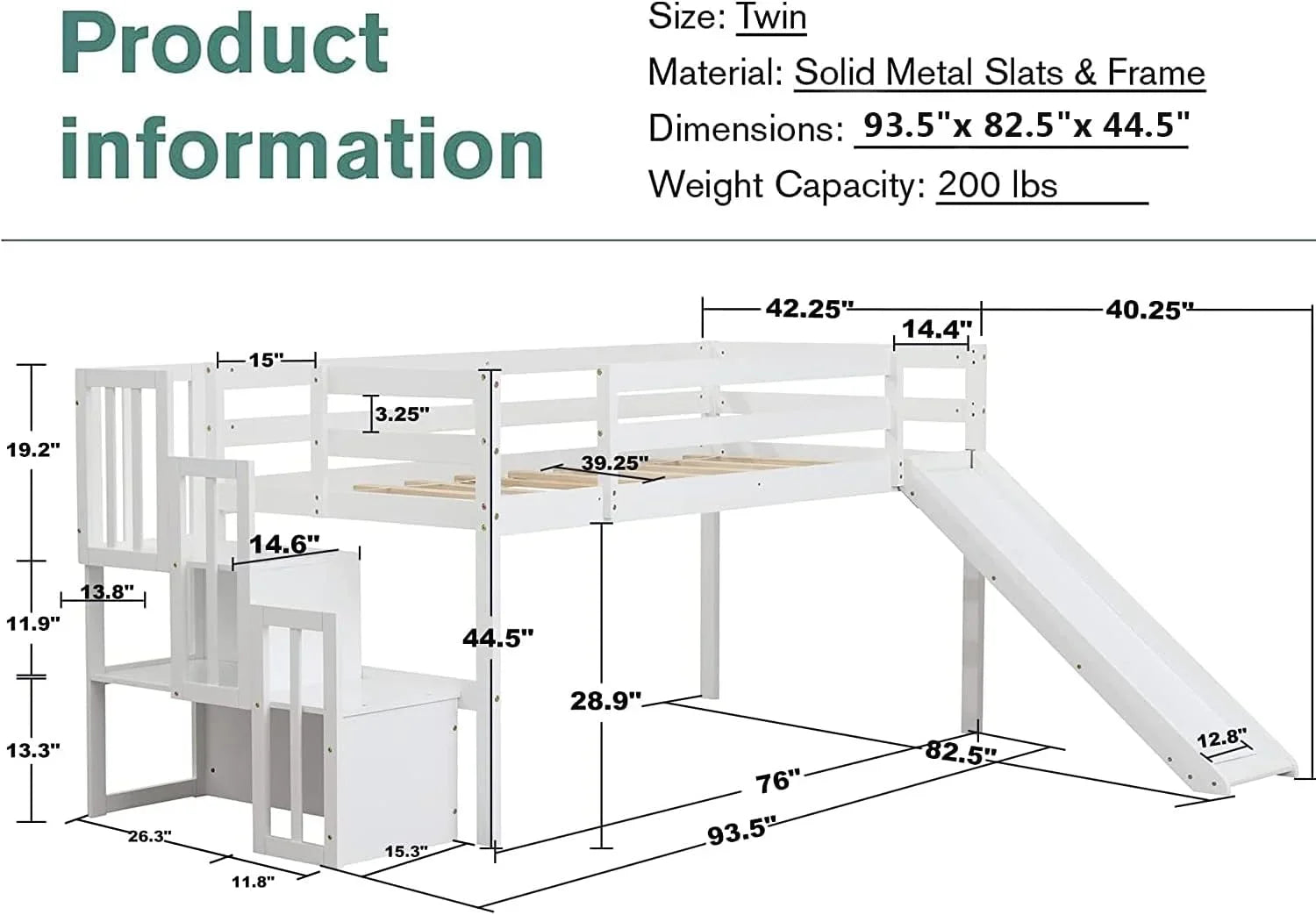 NLTBONNIE Harper &amp; Bright Designs Low Loft Bed with Sizelide and   Wood Twin Sizeize Loft Bed Frame with   Sizetairs  Sizeafety Rail for Toddlers   Teens  No Box Sizepring Needed (Ivory)