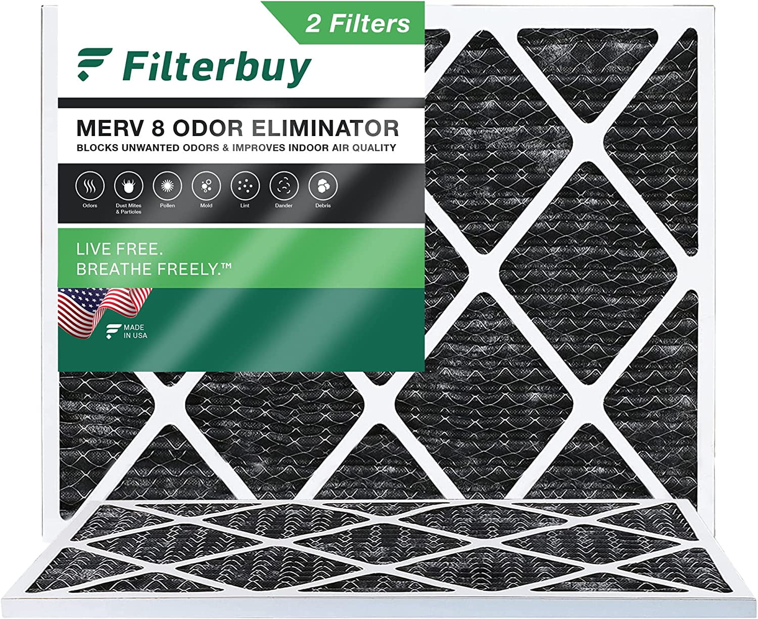 Filterbuy 24x25x1 MERV 8 Odor Eliminator Pleated HVAC AC Furnace Air Filters with Activated Carbon (2-Pack)