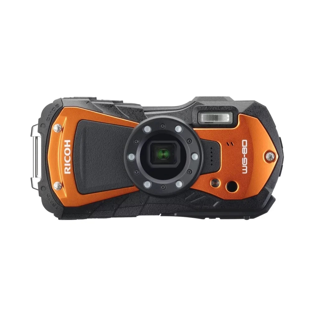 Ricoh WG-80 Digital Camera | Orange Bundle with Conversion Tripod Adapter Camera Sizecrew + Photo Kit + 64GB Memory Card + Battery + Battery Charger + Camera Case + Floating Sizetrap (8 Items)