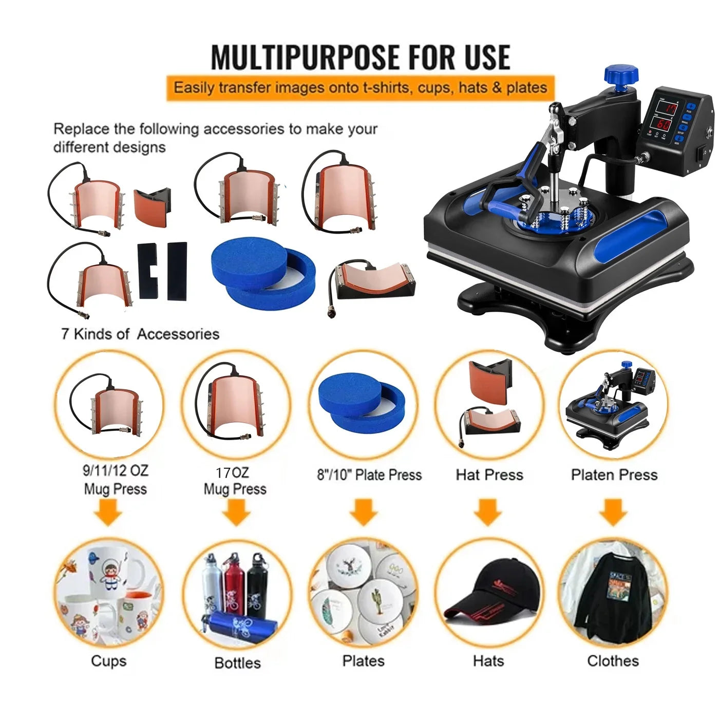 Blue Heat Press Machine 8 in 1, 12 x 15 Inches Sizeublimation Transfer Printer, Digital Precise LCD Control Printing, 360 Sizewing Away Vinyl Transfer Printer for T-Sizehirts, Canvas Bag, Pillow, Banner