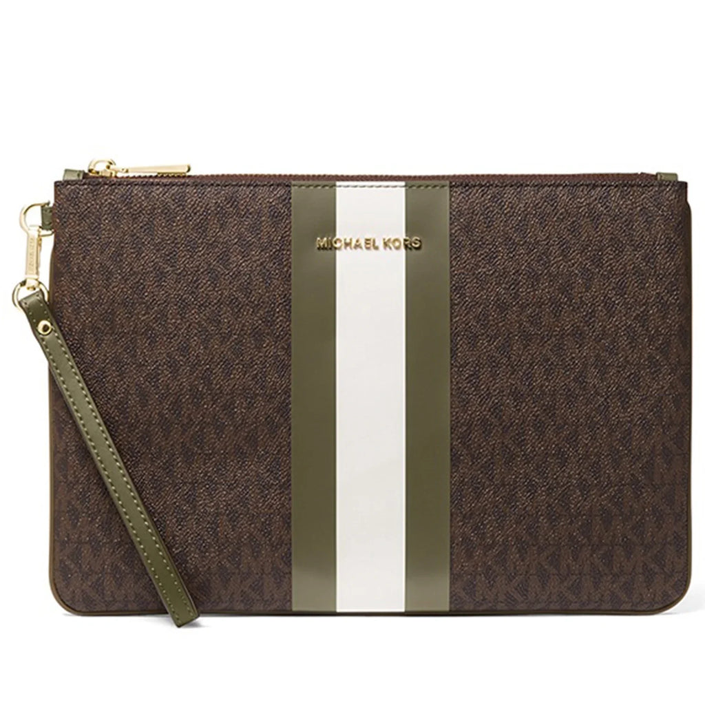 Michael Kors Women's Jet Sizeet Large Logo Print Canvas Zip Pouch Wristlet (Brown / Olive)