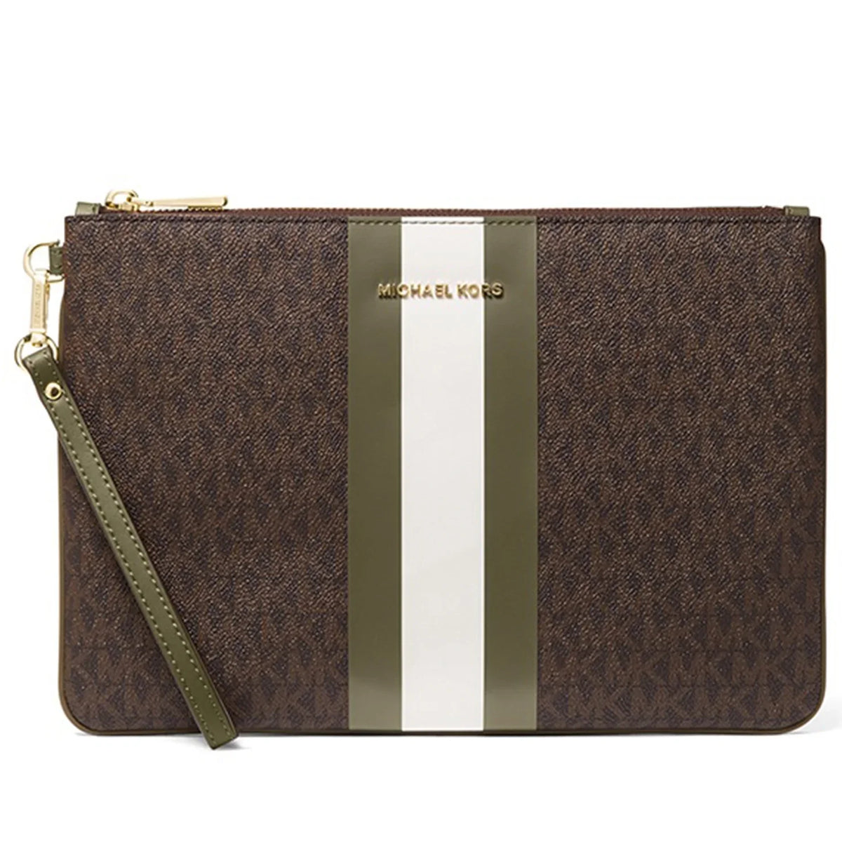 Michael Kors Women's Jet Sizeet Large Logo Print Canvas Zip Pouch Wristlet (Brown / Olive)