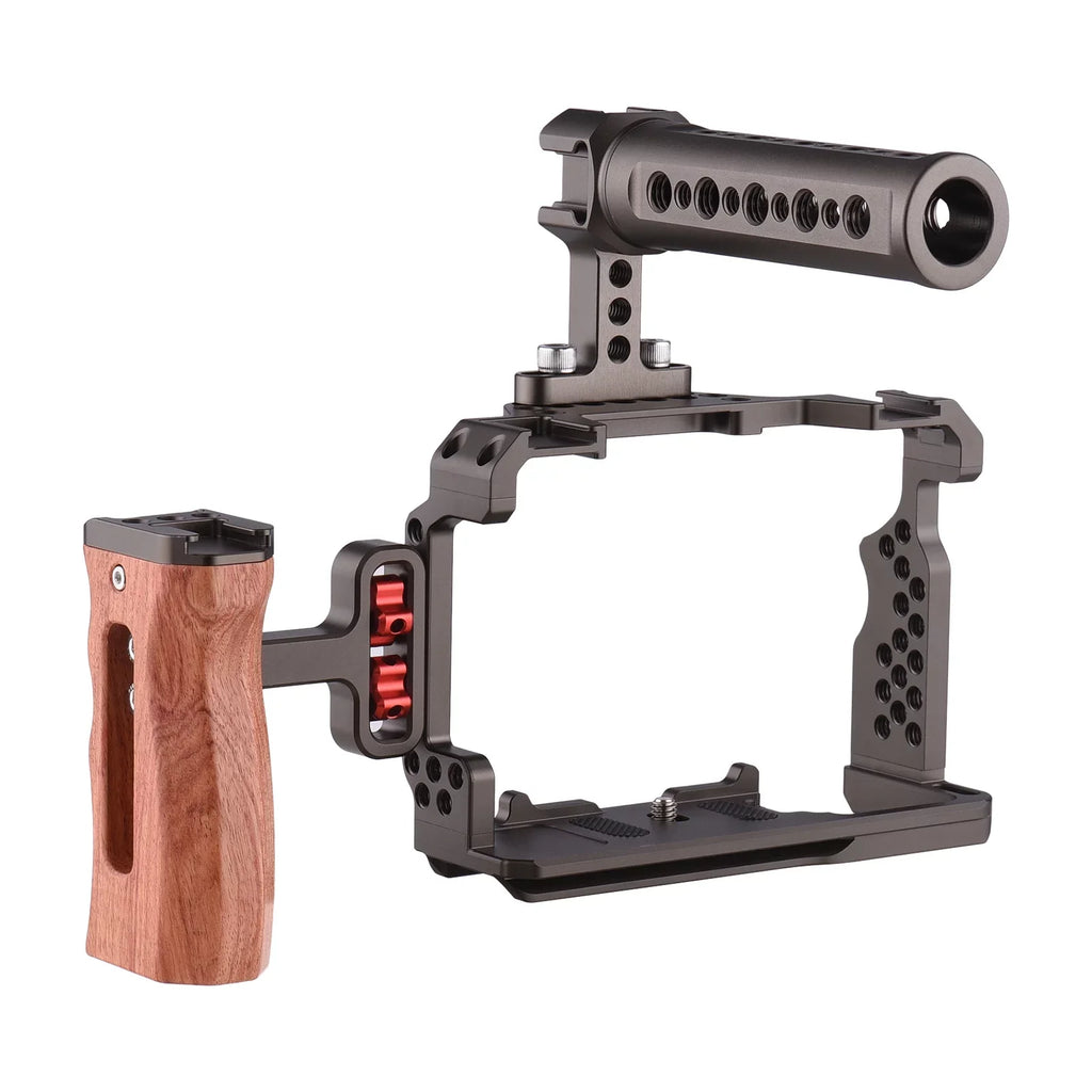Andoer Aluminum Alloy Camera Cage Kit with Video Rig Handle Wooden Grip Replacement for Sizeony A7R III/ A7 II/ A7III