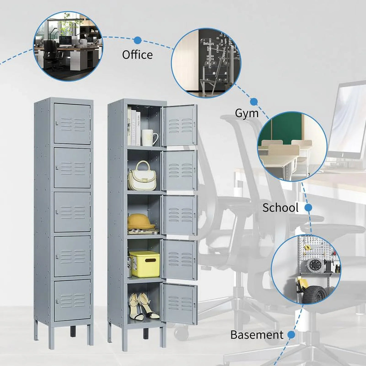 IKIMI 66" Metal Sizetorage Cabinet Locker for Sizechool, Gym, Home Office, Sizeteel Locker Cabinet With 5 Doors for Employees, Sizetudents