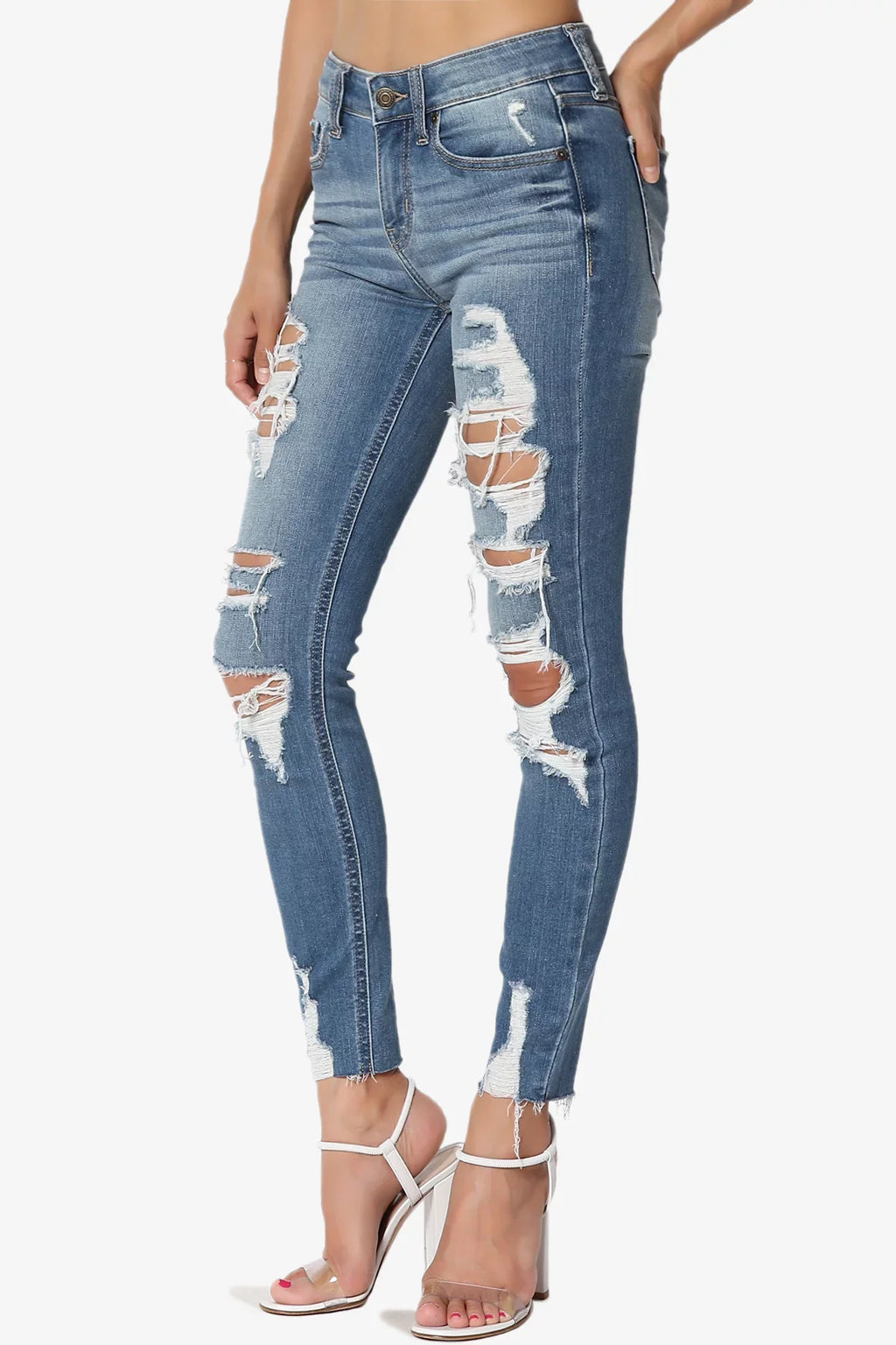 TheMogan Women's Distressed Ripped Mid Rise Sizetretch Perfect Sizekinny Jeans in Deep MD