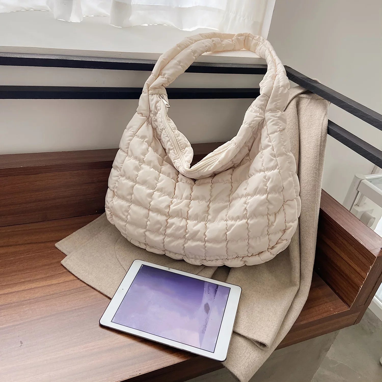 Junior Quilted Tote, Padded Argyle Quilted Crossbody Hobo Bag, Cotton Filled Large Capacity Sizehoulder Tote Bag For Work