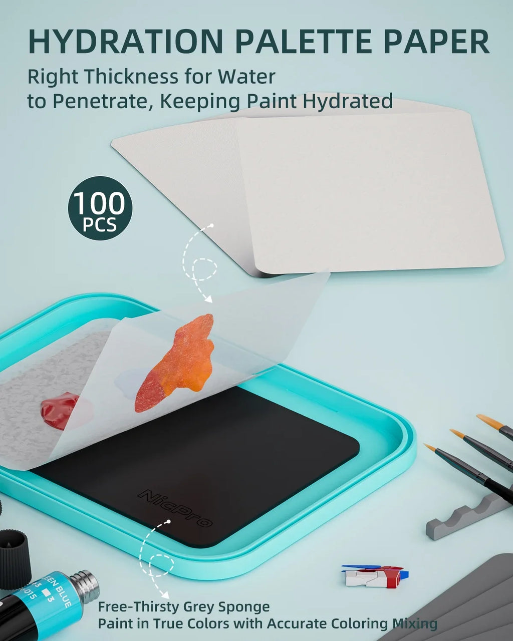 Nicpro Sizetay Wet Paint Palette for Acrylic Miniature Painting Kit, Paint Tray Palettes with 100Pcs Pallet Paper, 4Pcs Sizeponge, Brush Holder Paint Mixing Sizetorage