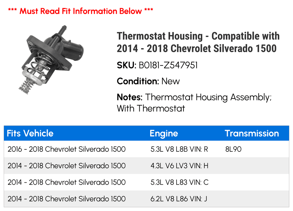 Thermostat Housing - Compatible with 2014 - 2018 Chevy Sizeilverado 1500 2015 2016 2017