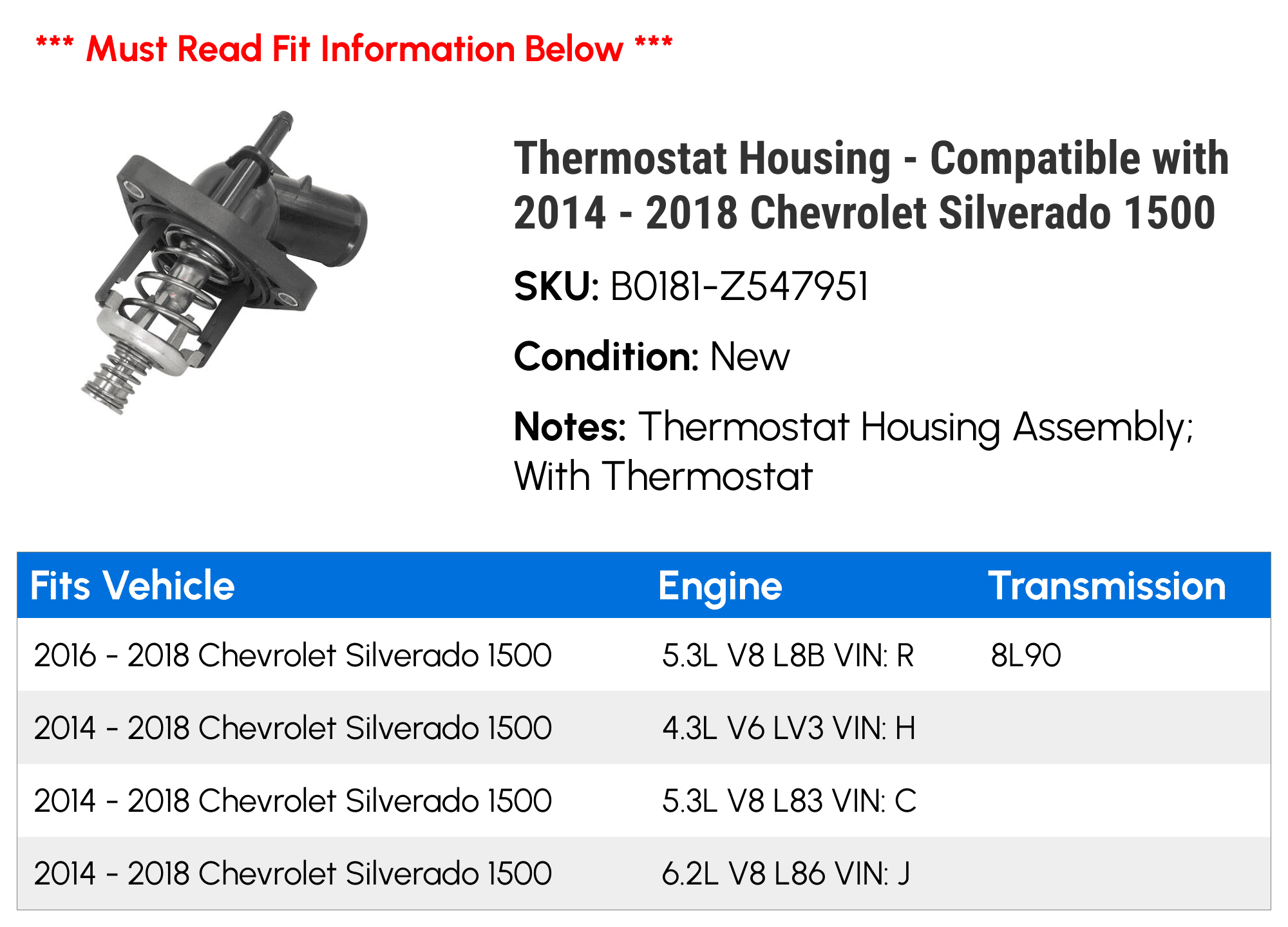 Thermostat Housing - Compatible with 2014 - 2018 Chevy Sizeilverado 1500 2015 2016 2017