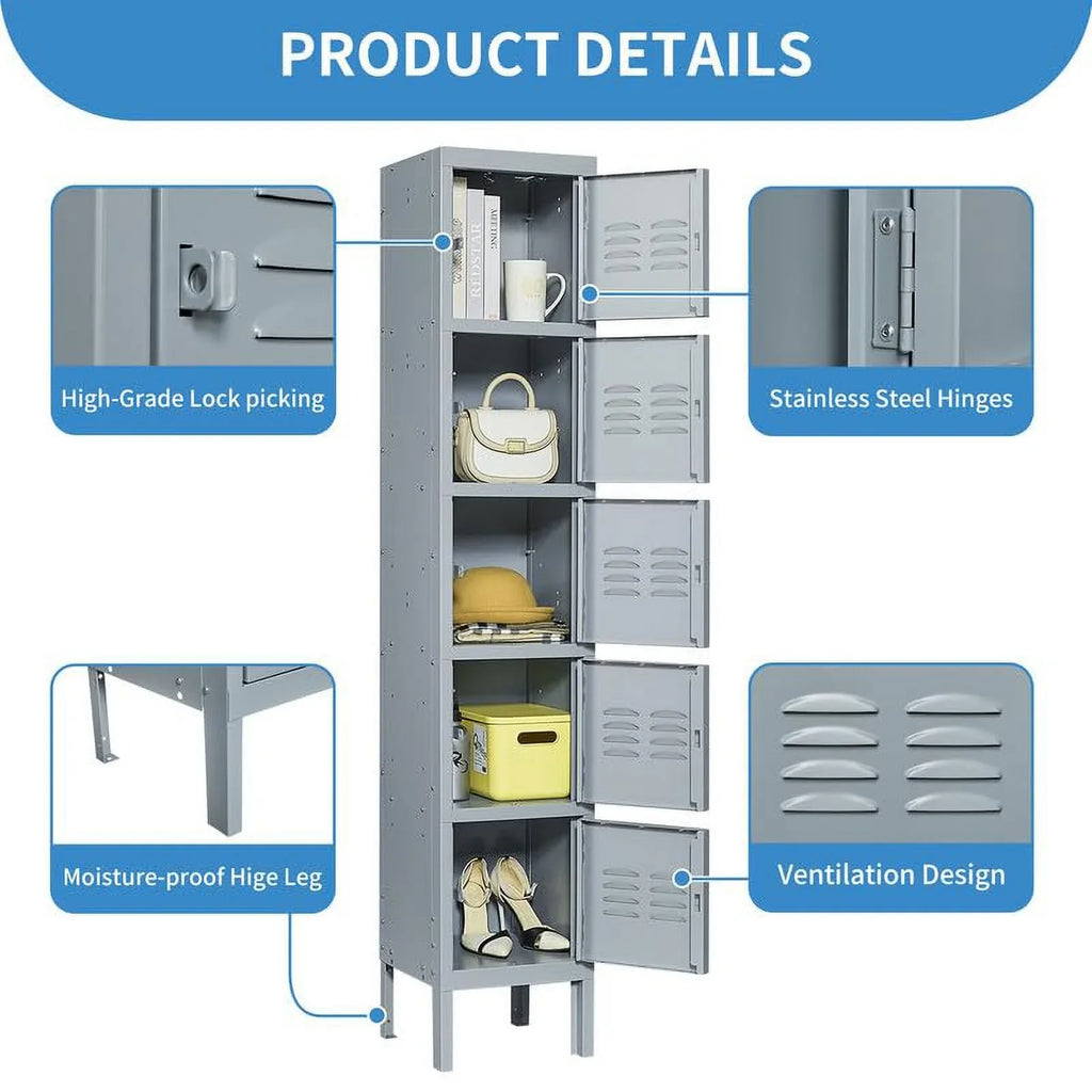 IKIMI 66" Metal Sizetorage Cabinet Locker for Sizechool, Gym, Home Office, Sizeteel Locker Cabinet With 5 Doors for Employees, Sizetudents