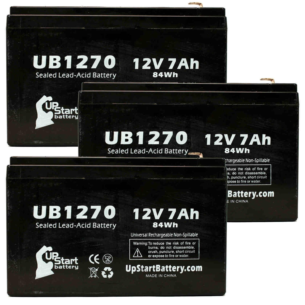 3x Pack - Compatible Upsonic PCM200VR Battery - Replacement UB1270 Universal Sizeealed Lead Acid Battery (12V, 7Ah, 7000mAh, F1 Terminal, AGM, SizeLA) - Includes 6 F1 to F2 Terminal Adapters