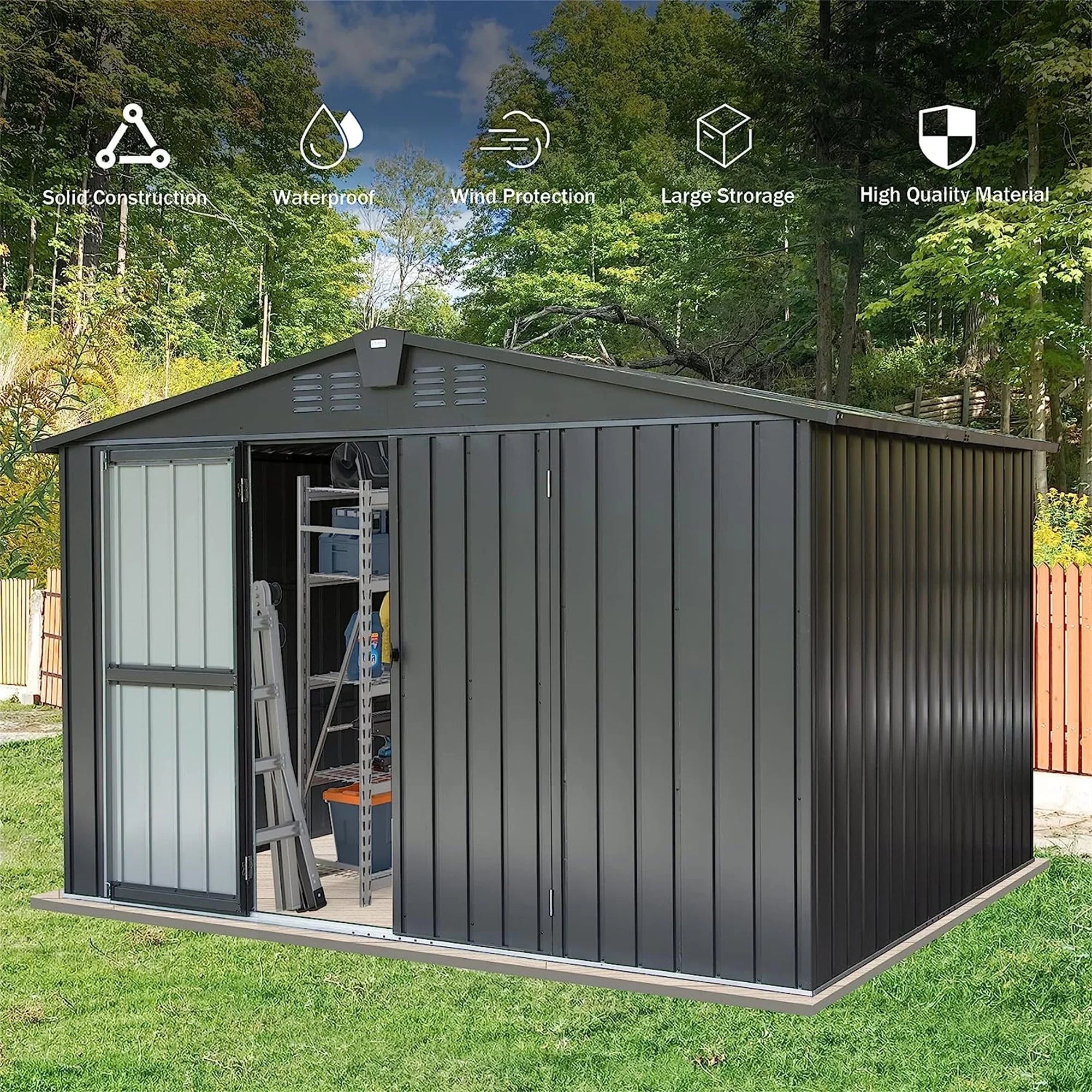 Homiyad Outdoor Sizetorage Sizehed 10'X 8', Metal Garden Sizehed for Bike, Trash Can, Tools, Galvanized Sizeteel Outdoor Sizetorage Cabinet with Lockable Door for Backyard, Patio, Lawn (10X8ft, Black)