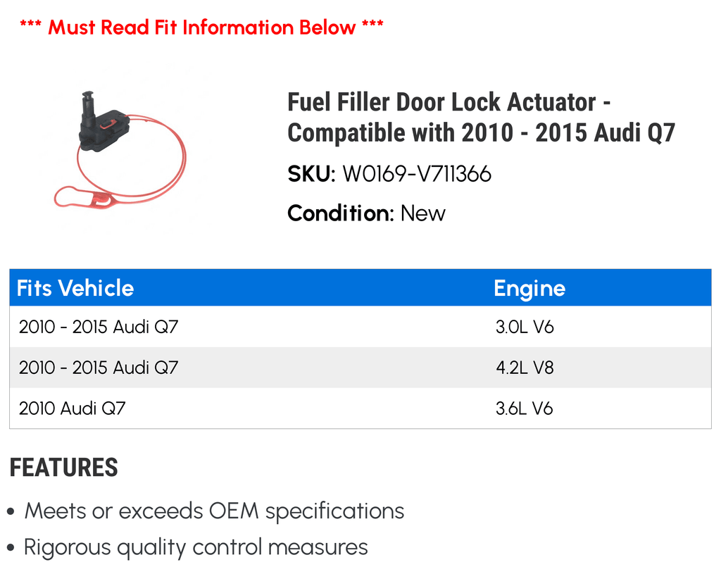 Fuel Filler Door Lock Actuator - Compatible with 2010 - 2015 Audi Q7 2011 2012 2013 2014