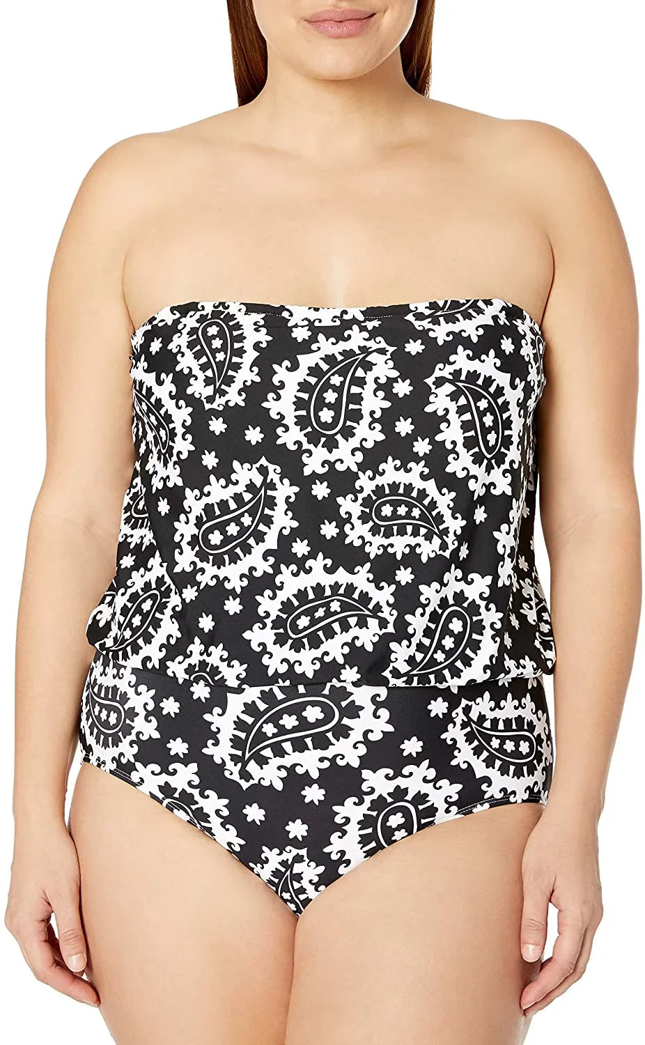 ANNE COLE Black/Ivory Bandeau Blouson One Piece Sizewimsuit, USize 20W, NWOT