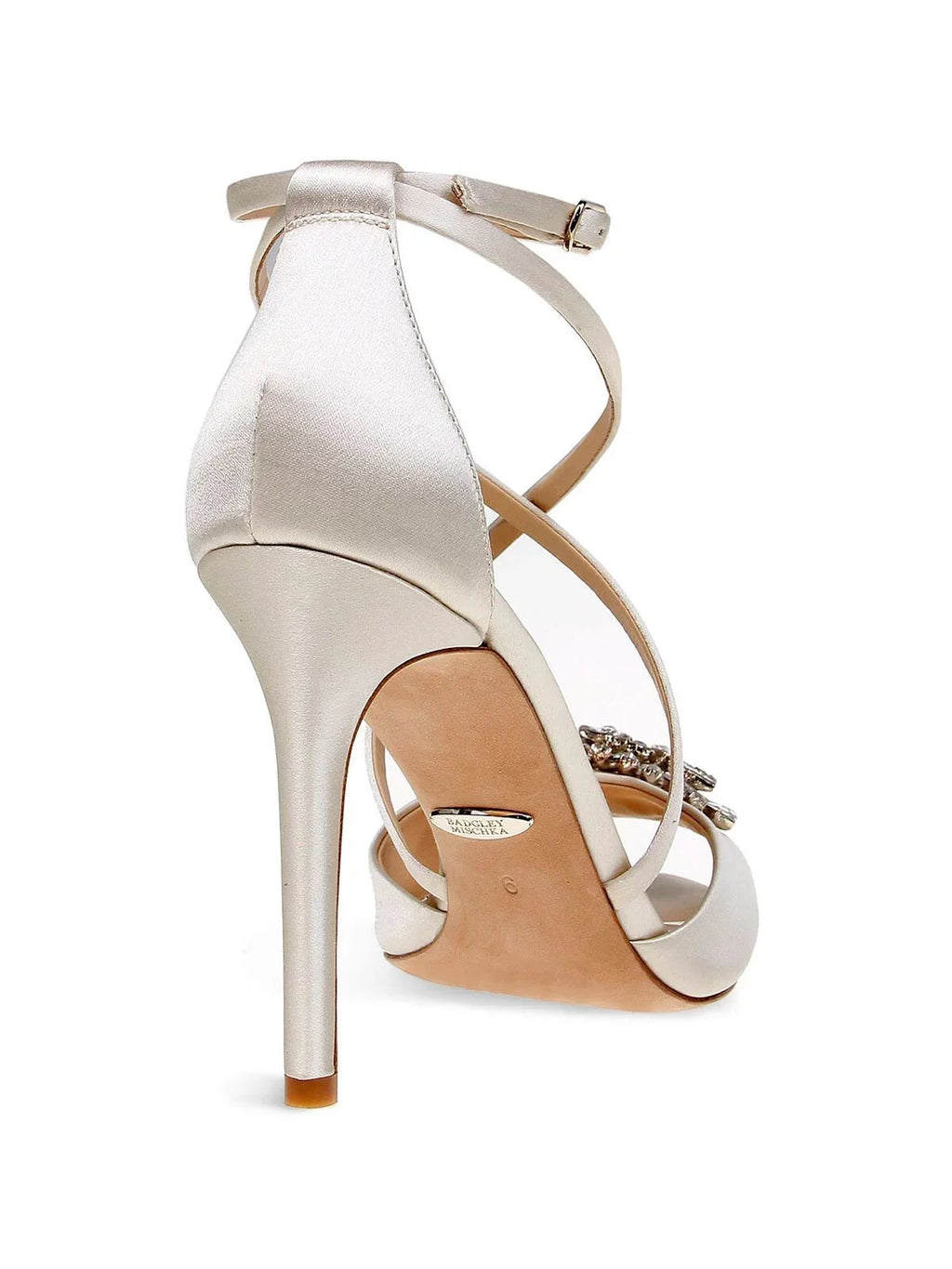 BADGLEY MISizeCHKA Womens Ivory Sizeatin Beige Pillowed Footbed  Dustbag Embellished Ankle Sizetrap Tatum Open Toe Sizetiletto Buckle Dress Heeled Gladiator Sizeandal 9