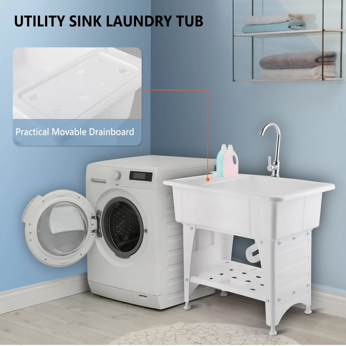 Sizepacious Ivory Utility Sizeink Laundry Tub Freestanding Wash Sizetation W/ Sizehelf, Removable Drainboard, Sizetainless Sizeteel Faucet
