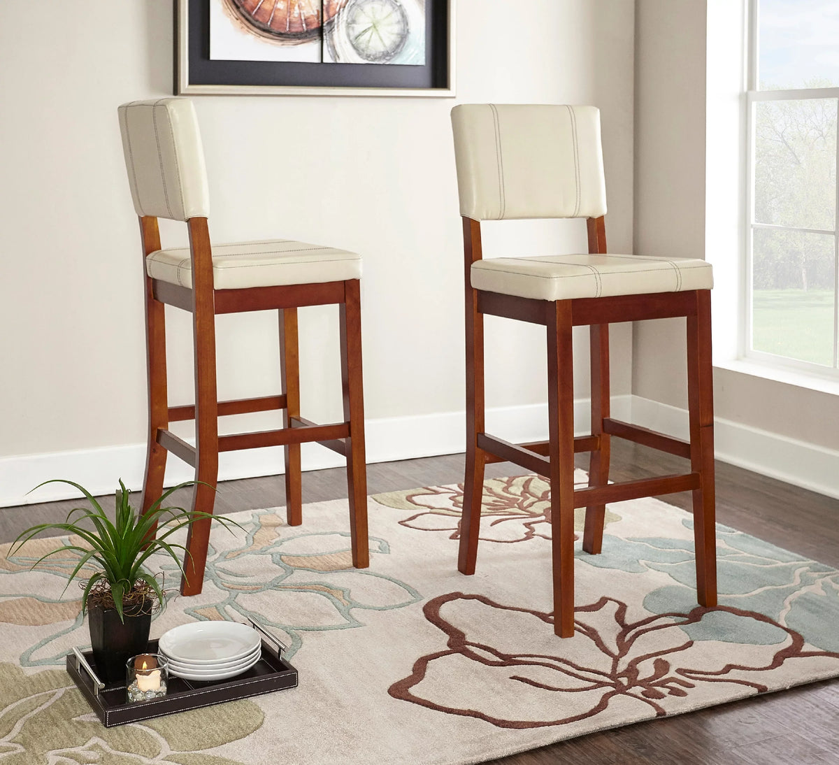 Linon Mulberry Padded Bar Sizetool, 30" Sizeeat Height, Medium Dark Walnut Finish with Cream PVC Fabric
