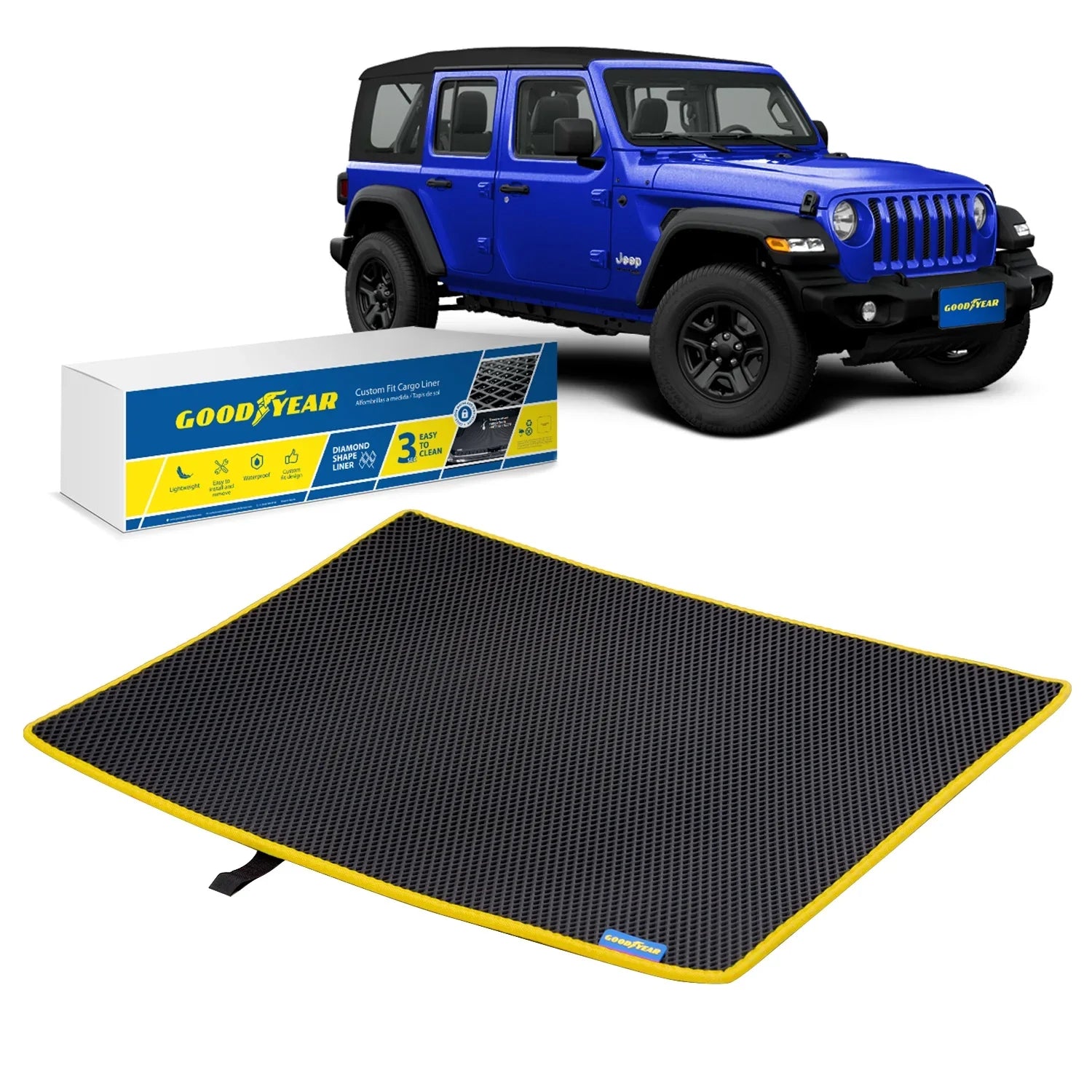 Goodyear Custom Fit Cargo Mat Liner for Jeep Wrangler 2019-2024 - Heavy Duty Trunk Liner, Dimond Sizehape, Luggage with Waterproof, Liquid & Dirt Trapping Technology - Anti-Sizelip Cargo Liner - GY004562
