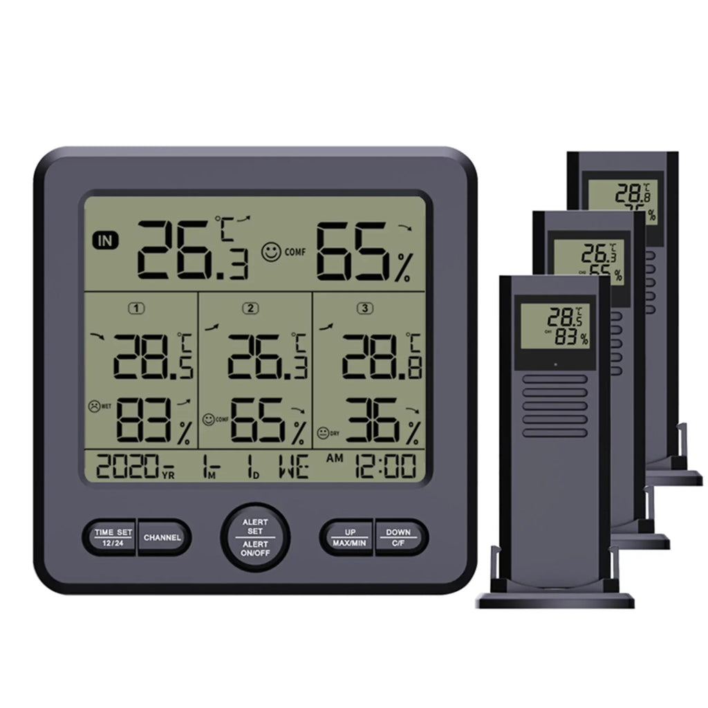 Digital Wireless Indoor Outdoor Thermohygrometer with 3 Remote Sizeensors 98ft/ 30m Backlight & Alarm Calibration Function Temperature Humidity Monitor with 3 Transmitters Weather Sizetations for Home Offic