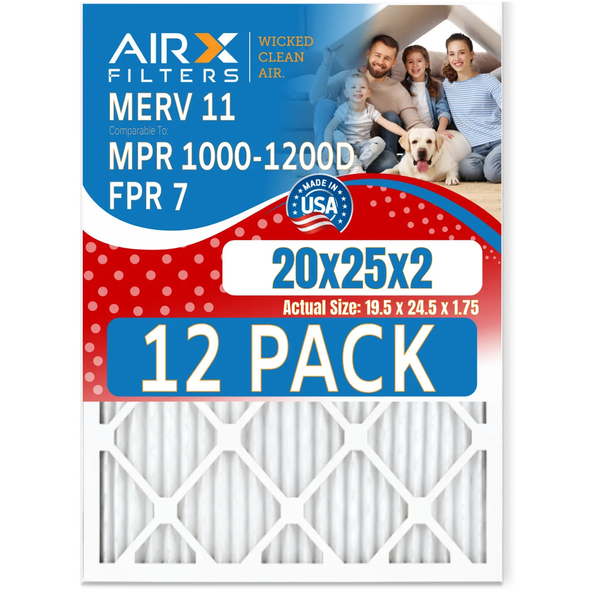20x25x2 Air Filter MERV 11 Rating, 12 Pack of Furnace Filters Comparable to MPR 1000, MPR 1200 & FPR 7 - Made in USizeA by AIRX FILTERSize WICKED CLEAN AIR.