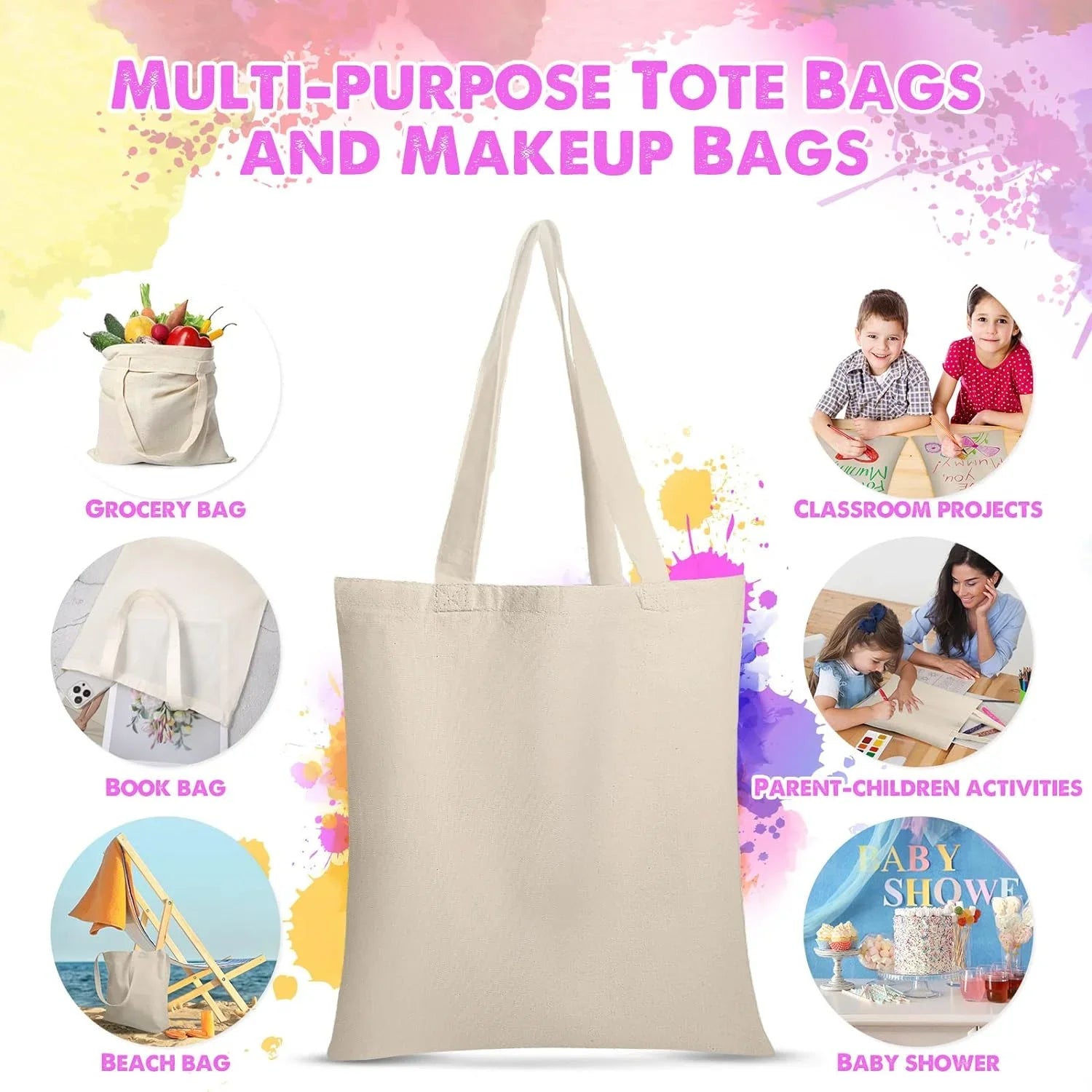 24 Pieces Canvas Tote Bags, Blank Plain Canvas Bag Lightweight Reusable Grocery Sizehopping Cloth Bags with Handles for DIY Crafting and Decorating, 13 Inch W x 15 Inch H