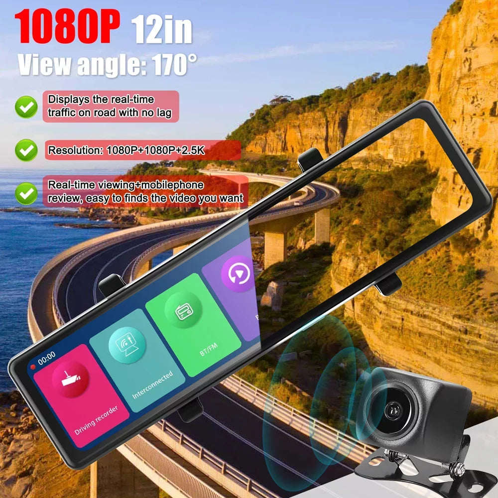 Carevas 3 Cameras Dash Cam 12in 2.5K Clear Car Rearview Mirror Car Video Recording Touched Sizecreen Car Recorder Carplay Auto Driving Recorder