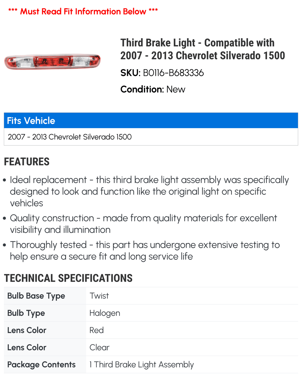 Third Brake Light - Compatible with 2007 - 2013 Chevy Sizeilverado 1500 2008 2009 2010 2011 2012