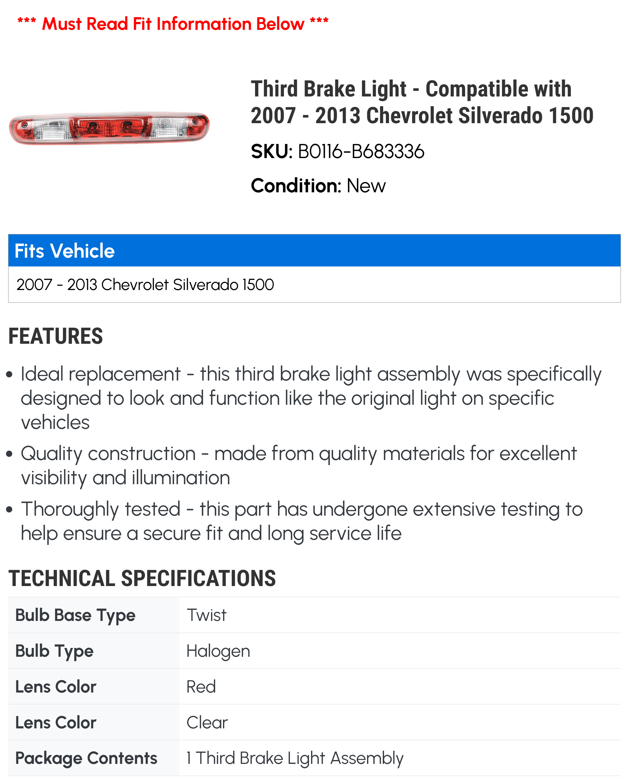 Third Brake Light - Compatible with 2007 - 2013 Chevy Sizeilverado 1500 2008 2009 2010 2011 2012
