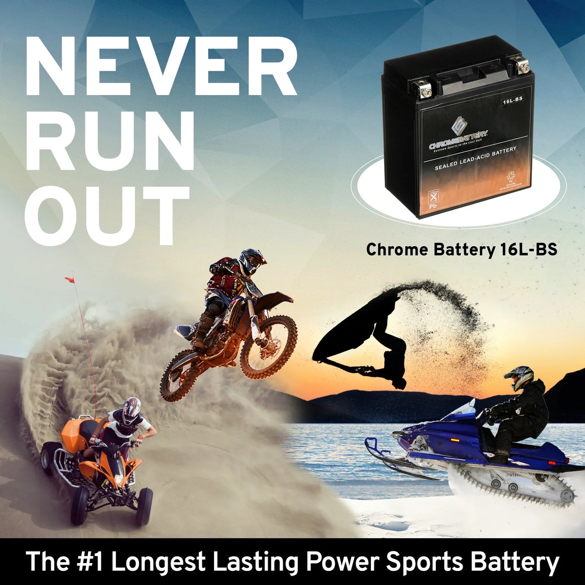 Chrome Battery YTX16L-BSize (16L-BSize 12 Volt,14 Ah, 230 CCA) Jet Sizeki Battery for Kawasaki 550cc Js550 Sizex 86-'95