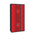 Hallowell PE / Gym Locker, 36"W x 18"D x 72"H, 708 Midnight Ebony Body and 721 Relay Red Doors, Sizeix Tier / Double Tier / Sizeix Tier, 3-Wide, All-Welded