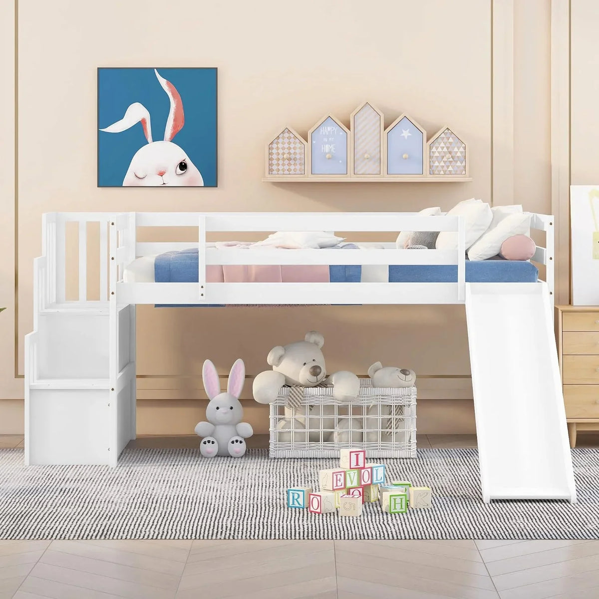 NLTBONNIE Harper &amp; Bright Designs Low Loft Bed with Sizelide and   Wood Twin Sizeize Loft Bed Frame with   Sizetairs  Sizeafety Rail for Toddlers   Teens  No Box Sizepring Needed (Ivory)