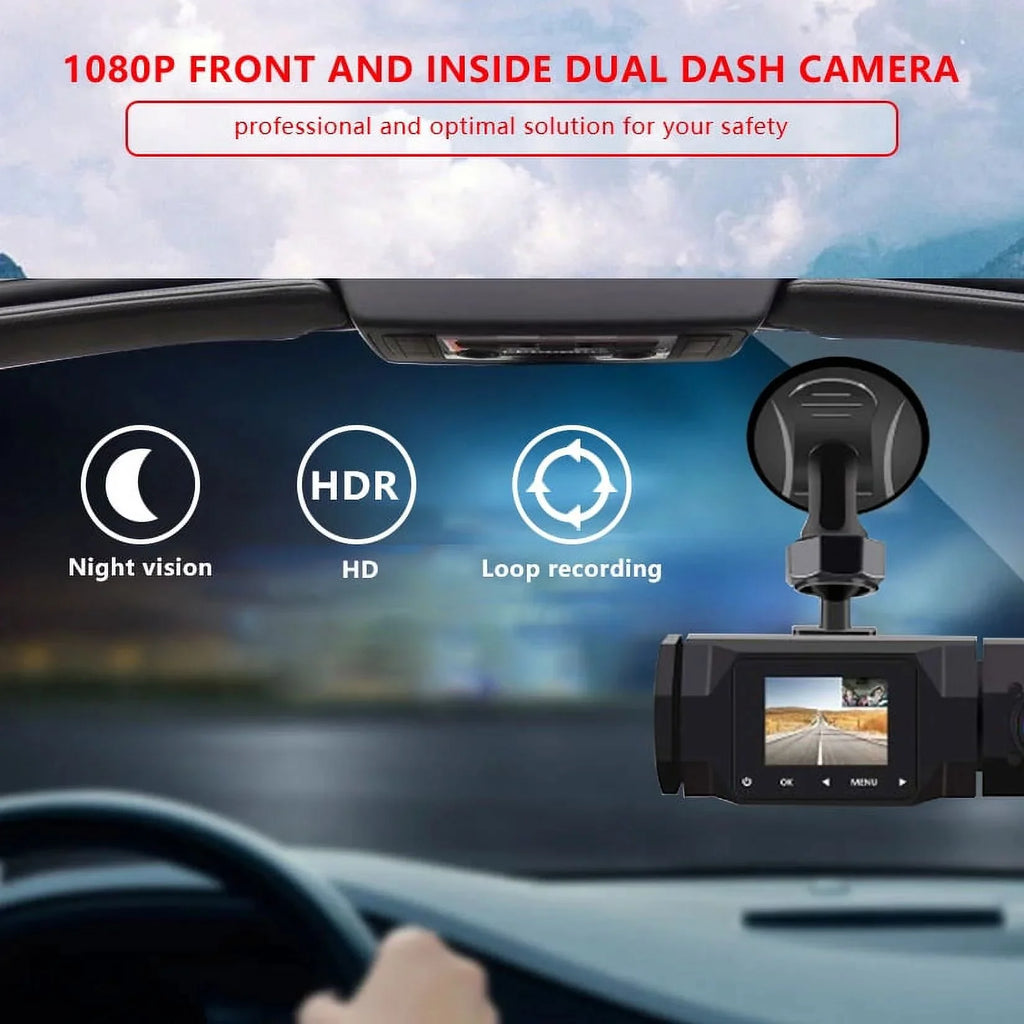 SizeOATUTO Dual Dash Cam 1080P Front and Cabin Car Dashboard Camera with IR Night Vision, 2 Channel Driving Recorder Motion Detection, Parking Monitoring, Accident Locked, Loop Recording, 1.5in IPSize