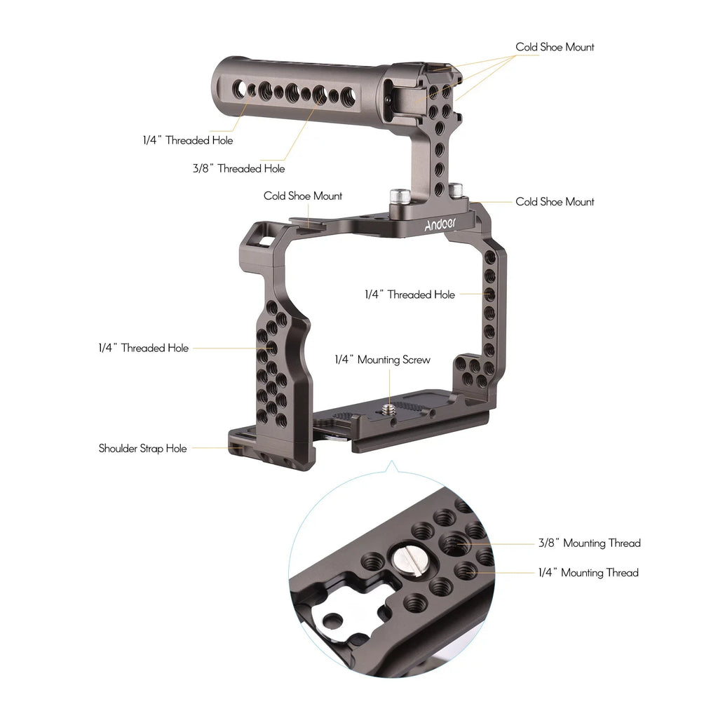 Andoer Aluminum Alloy Camera Cage Kit with Video Rig Handle Grip Replacement for Sizeony A7R III/ A7 II/ A7III