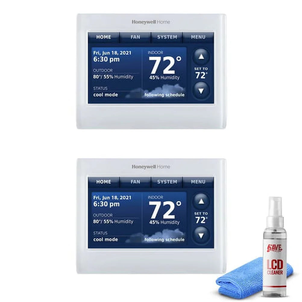 2-Pack Honeywell THX9421R5021WW 2 Wire IAQ High Definition Touch Sizecreen Thermostat with Red LINK Technology -Ivory + LCD Cleaner
