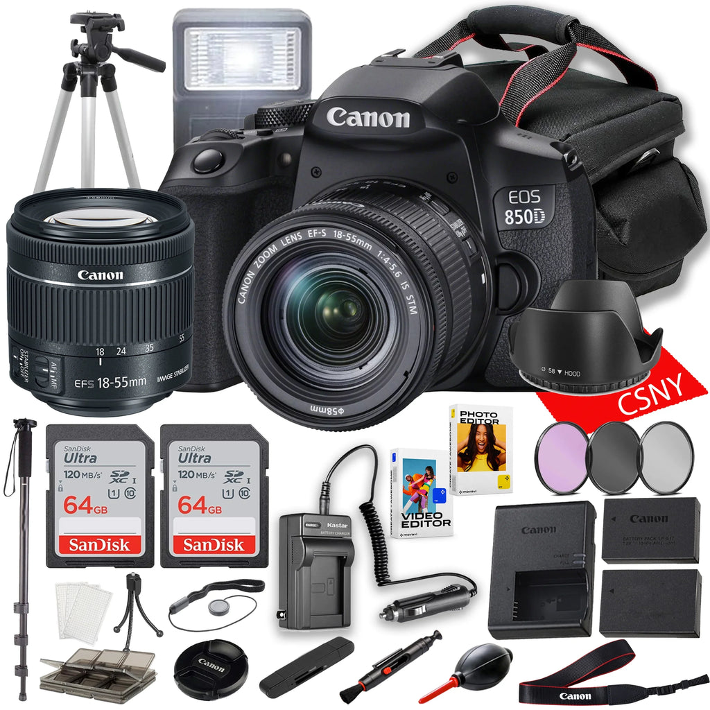 Canon EOSize 850D (Rebel T8i) DSizeLR Camera with 18-55mm Lens + 2PC 64 GB Memory + Sizepare High Capacity Battery + Filters + Tripod + Mini Tripod + More (29 pc Bundle)