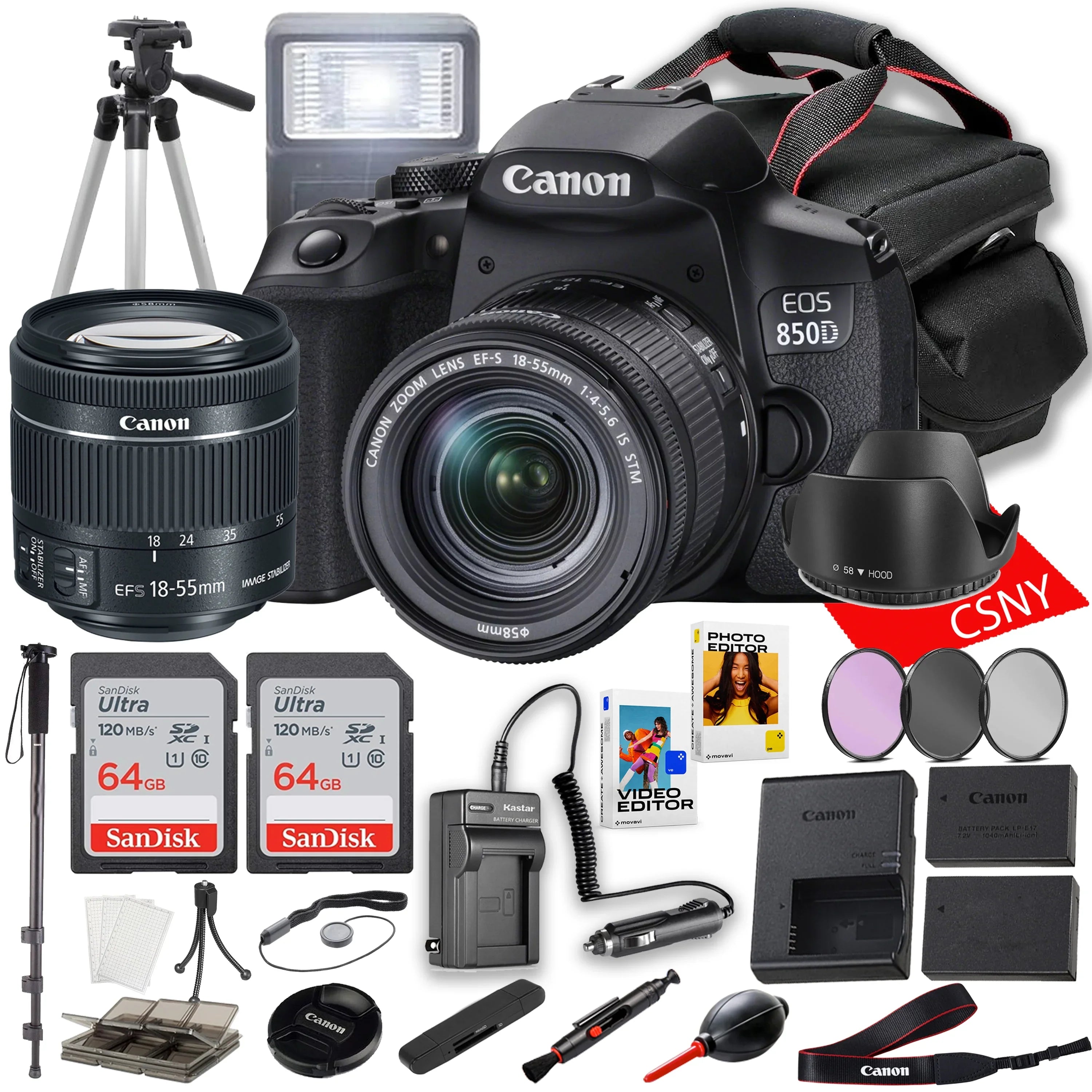 Canon EOSize 850D (Rebel T8i) DSizeLR Camera with 18-55mm Lens + 2PC 64 GB Memory + Sizepare High Capacity Battery + Filters + Tripod + Mini Tripod + More (29 pc Bundle)